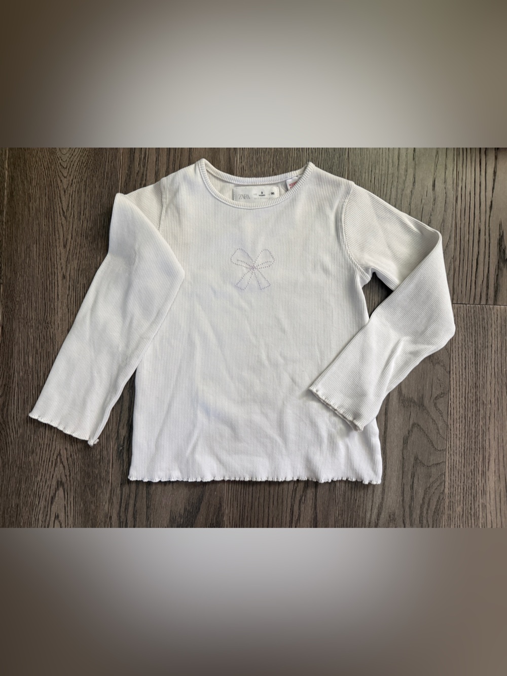 Zara White Girls' Long-Sleeve Ribbed Top with Bow Detail